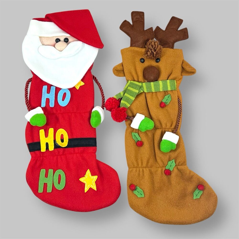 VTG Felt 3D Christmas Stocking Set 19” Santa Claus & Reindeer Hobby Lobby Decor